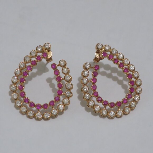 Women's Earrings 14K Gold Open Teardrop with Diamonds and Rubies